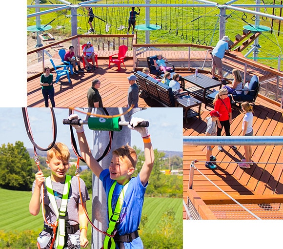 Boys on the Adventure tower and groups of families on the observation deck