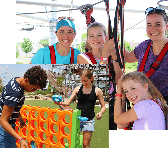 Mothers and daughters enjoying the ropes course and a girl and boy playing giant connect four yard game at Ryze Adventure Park