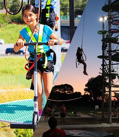 young girl smiling while starting the next obstacle on Adventure tower, and a person coming down the tower with a rope and harness in the evening